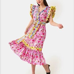 Celia B Topaz Midi Dress M Tiered Belted Flutter Slv Vibrant Colorful Party Fun